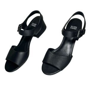 Eileen Fisher - Block Heeled Sandals, Strappy, Pebbled Leather - Size 8, Black